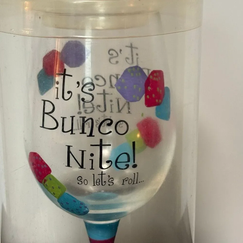 Mango Moon It’s Bunco night so let’s roll hand painted wine glass NIB